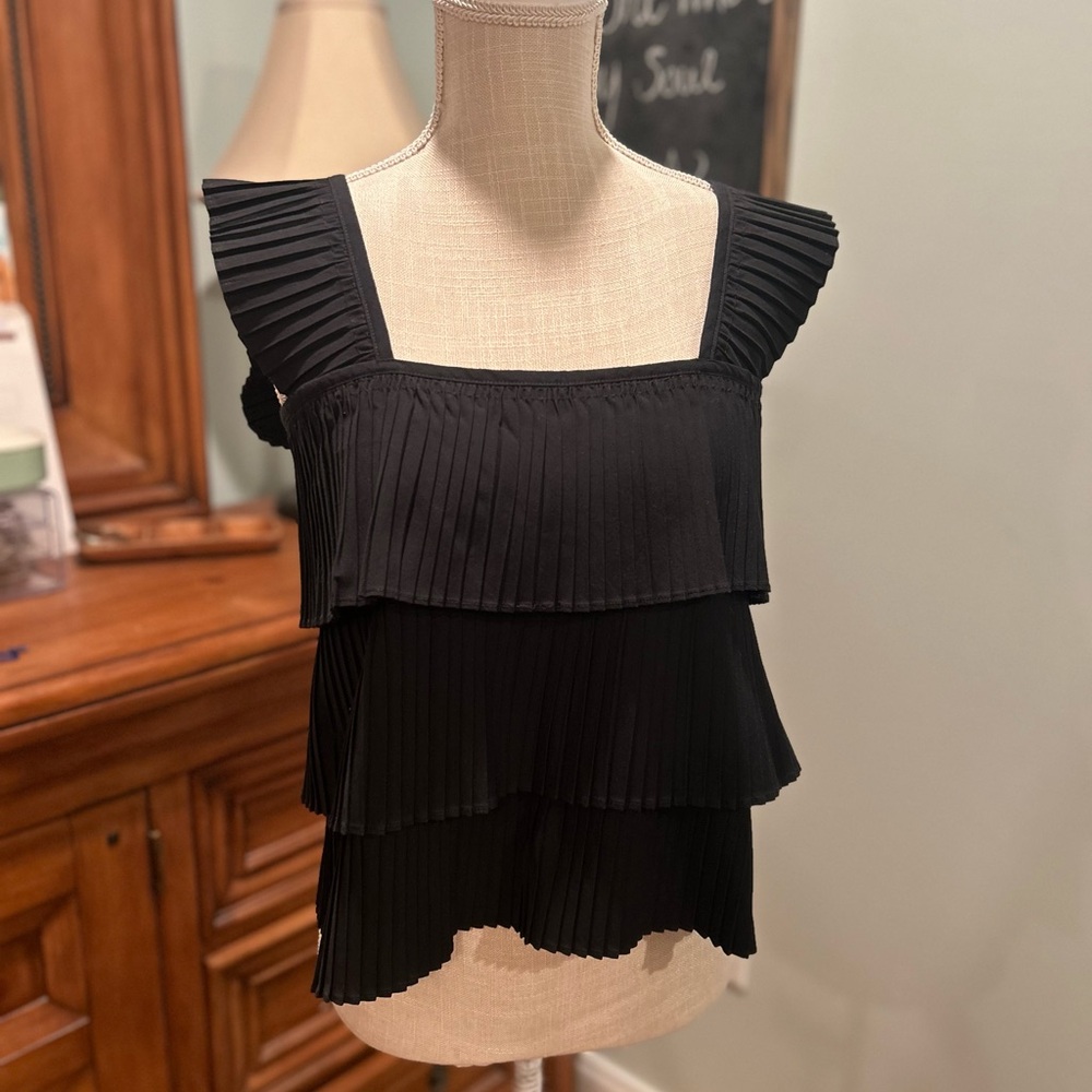 J. Crew Black Layered Pleated Top